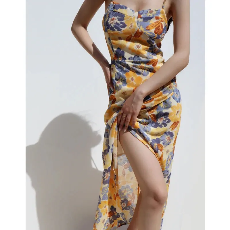 2024 New Sexy Vintage Floral Suspender Slim Fit With Lace Up Slit Elegant Fashion Party Club Casual Dress