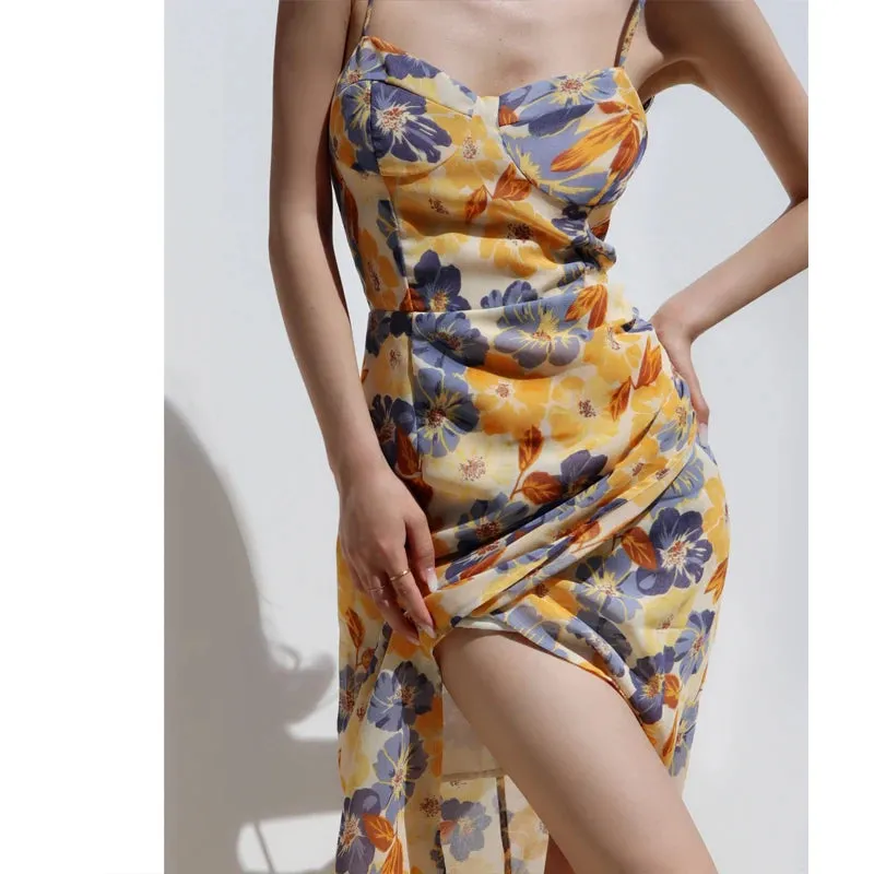 2024 New Sexy Vintage Floral Suspender Slim Fit With Lace Up Slit Elegant Fashion Party Club Casual Dress