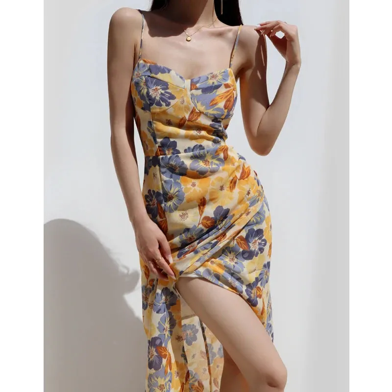 2024 New Sexy Vintage Floral Suspender Slim Fit With Lace Up Slit Elegant Fashion Party Club Casual Dress