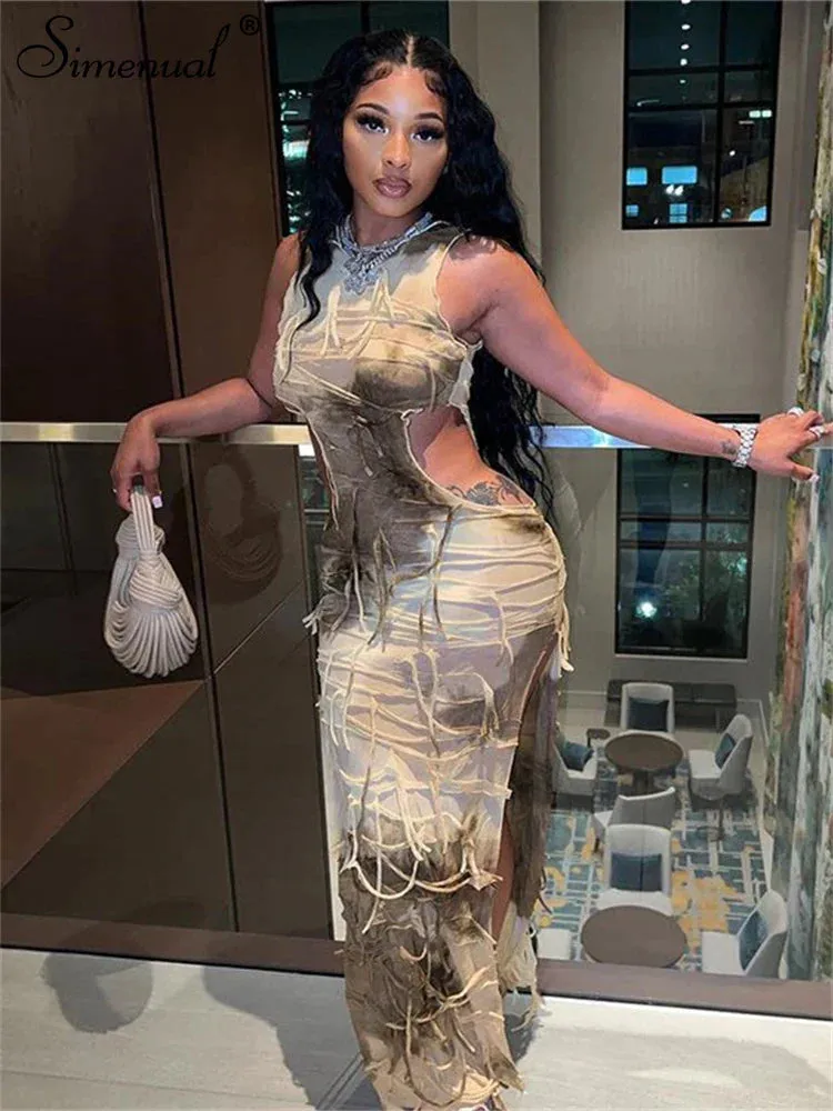 2024 Tie Dye Tassels Sleeveless Maxi Dress Cut Out Bodycon Dresses