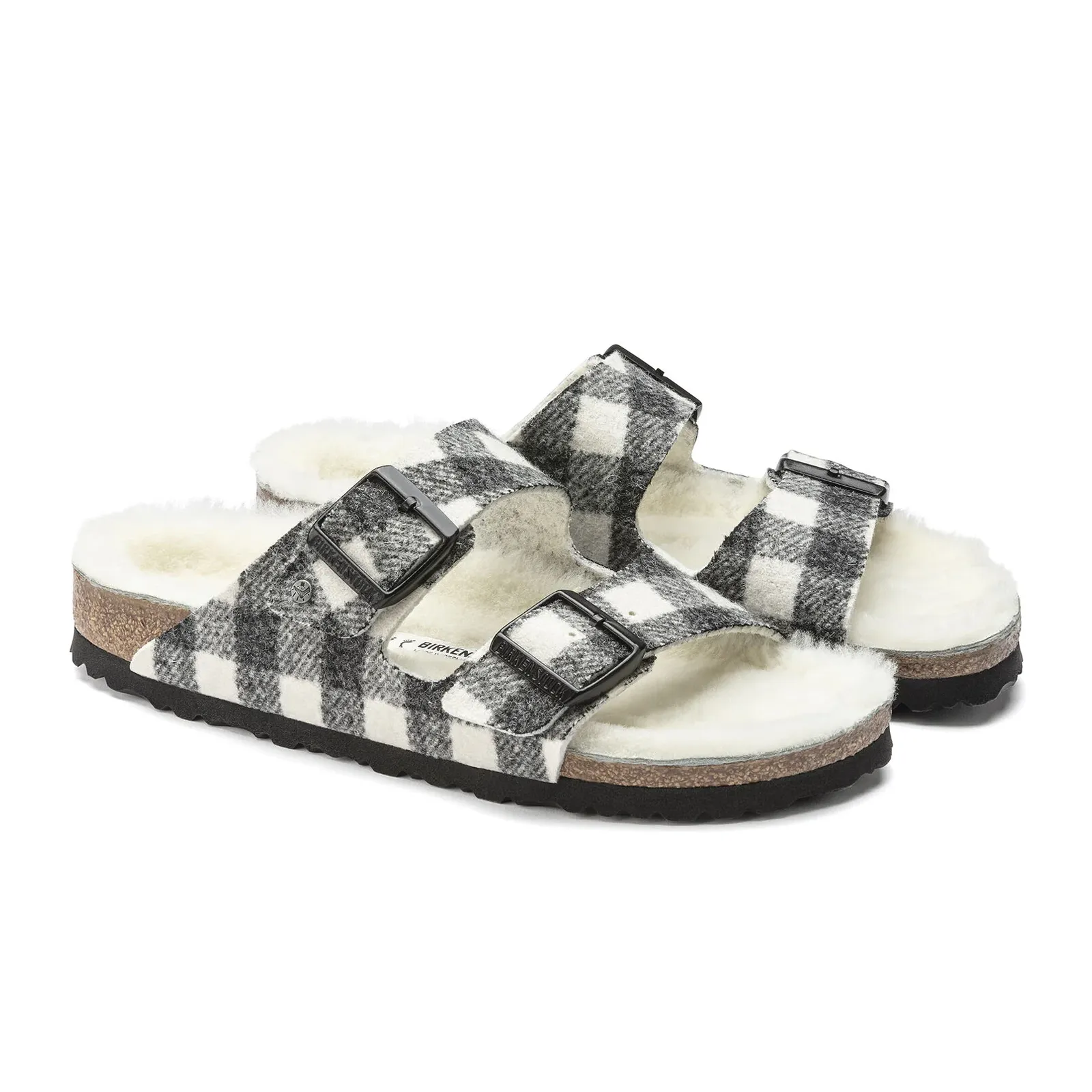 Birkenstock Arizona Slide Sandal (Women) - Plaid White Wool/Natural Shearling