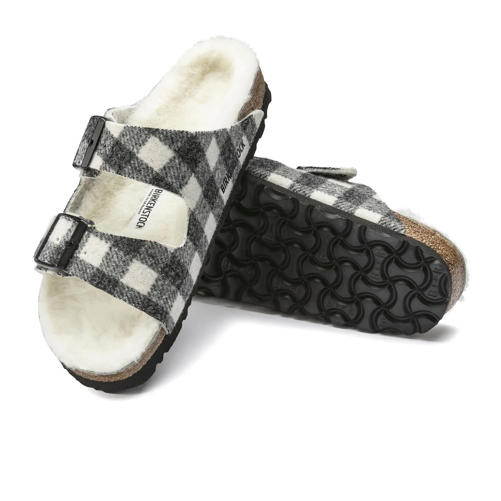 Birkenstock Arizona Slide Sandal (Women) - Plaid White Wool/Natural Shearling