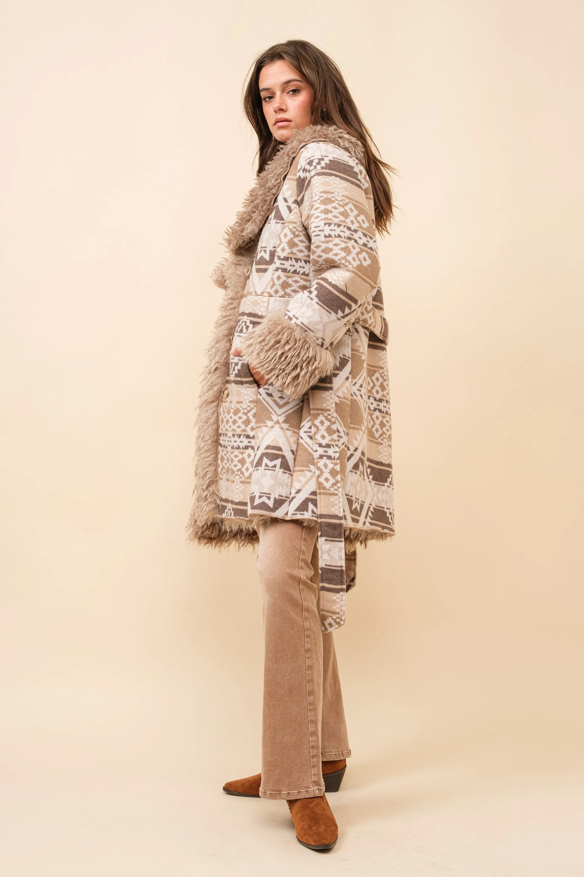 Blue B Western Aztec Jacquard Print Jacket with Faux Fur Lining in Beige Brown
