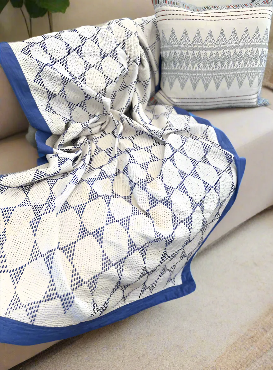 Blue Dreams Cotton Kantha Throw Quilt