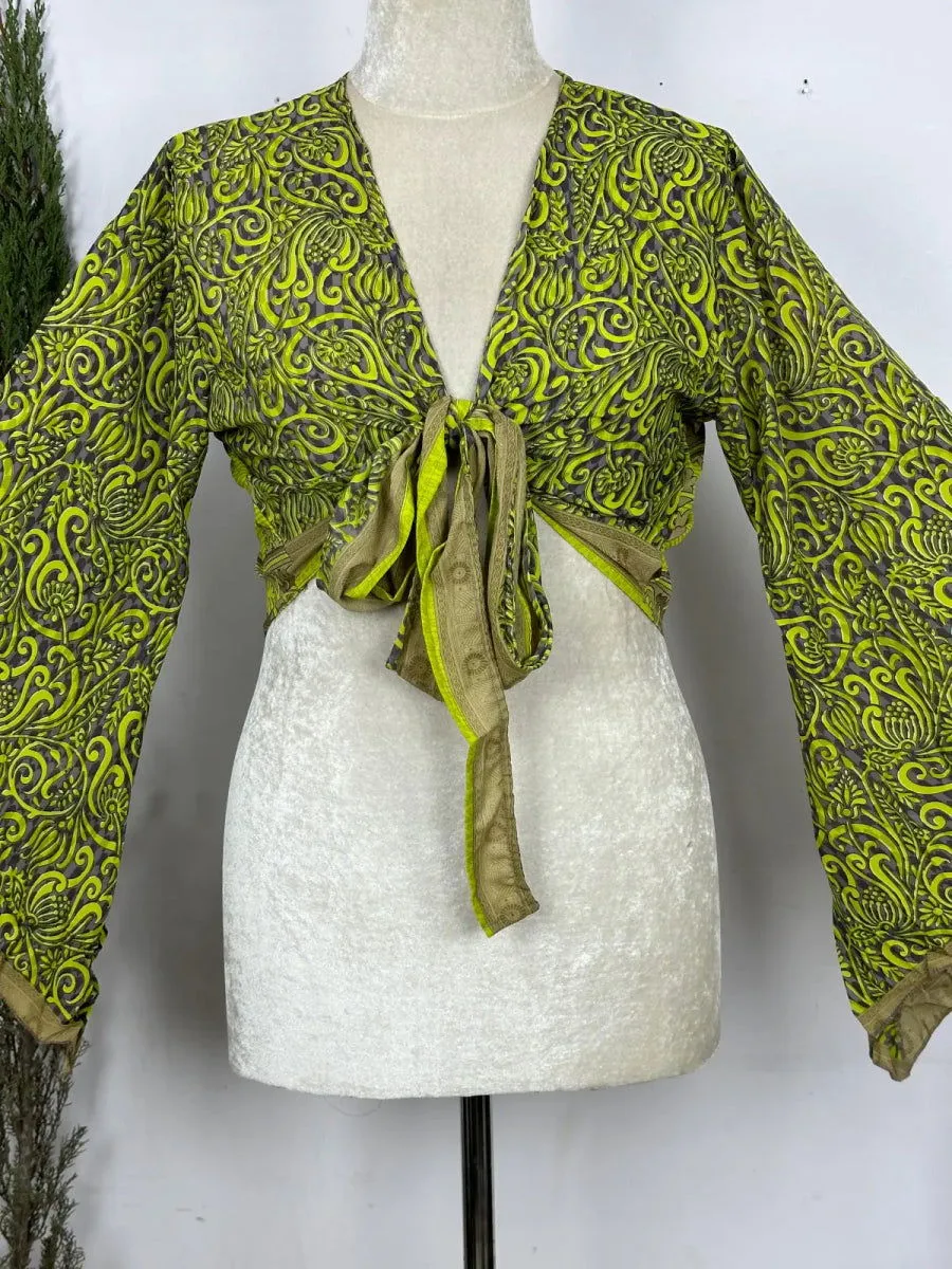 Bohemian Hippie Long Bell Sleeve Wrap Top with Front Tie, Colorful Paisley and Flower Pattern, Festival Boho Fairy Goddess, Summer Going Out | Green Persian Pattern