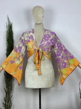 Bohemian Hippie Long Bell Sleeve Wrap Top with Front Tie, Colorful Paisley and Flower Pattern, Festival Boho Fairy Goddess, Summer Going Out | Morning Bliss Floral