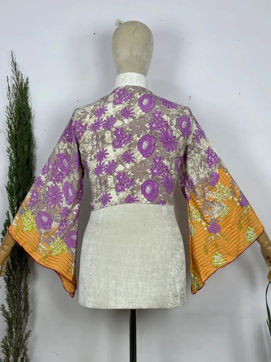 Bohemian Hippie Long Bell Sleeve Wrap Top with Front Tie, Colorful Paisley and Flower Pattern, Festival Boho Fairy Goddess, Summer Going Out | Morning Bliss Floral