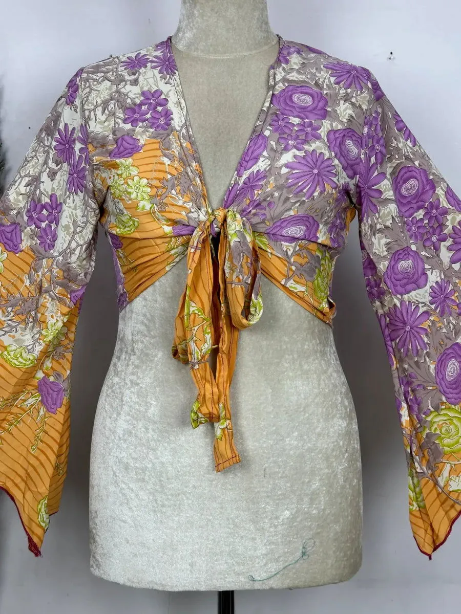 Bohemian Hippie Long Bell Sleeve Wrap Top with Front Tie, Colorful Paisley and Flower Pattern, Festival Boho Fairy Goddess, Summer Going Out | Morning Bliss Floral