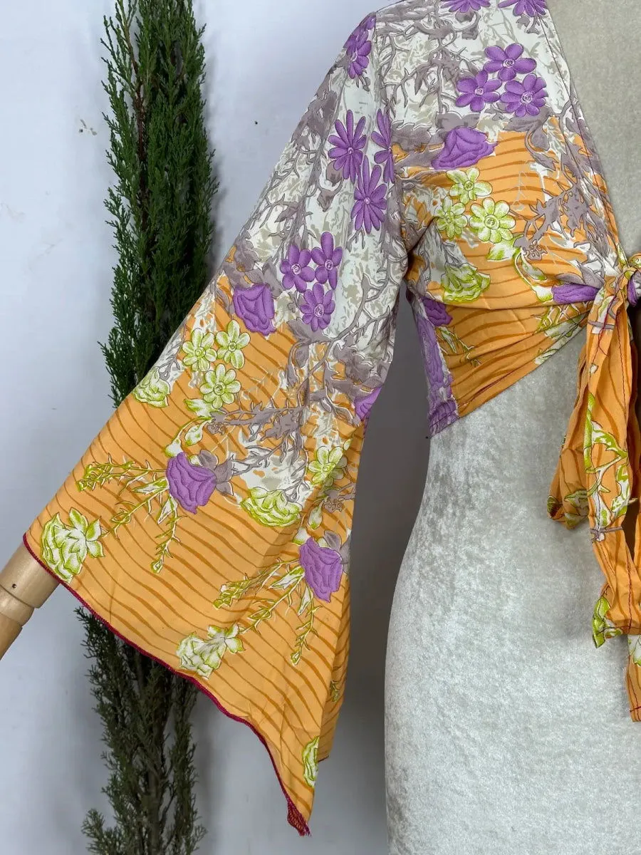 Bohemian Hippie Long Bell Sleeve Wrap Top with Front Tie, Colorful Paisley and Flower Pattern, Festival Boho Fairy Goddess, Summer Going Out | Morning Bliss Floral