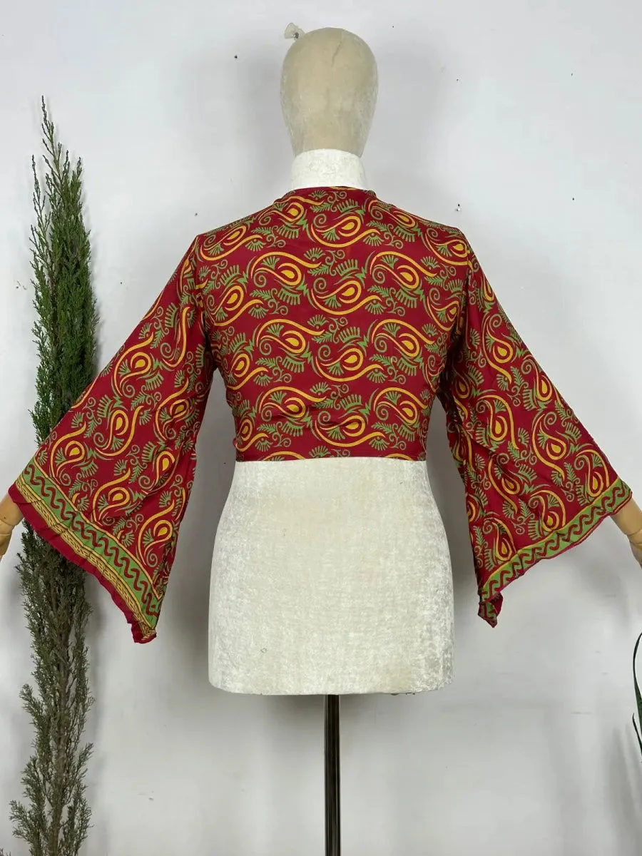 Bohemian Hippie Long Bell Sleeve Wrap Top with Front Tie, Colorful Paisley and Flower Pattern, Festival Boho Fairy Goddess, Summer Going Out | Red Green Paisley