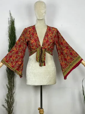 Bohemian Hippie Long Bell Sleeve Wrap Top with Front Tie, Colorful Paisley and Flower Pattern, Festival Boho Fairy Goddess, Summer Going Out | Red Green Paisley