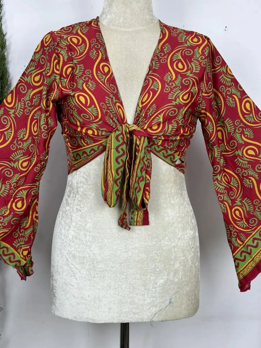 Bohemian Hippie Long Bell Sleeve Wrap Top with Front Tie, Colorful Paisley and Flower Pattern, Festival Boho Fairy Goddess, Summer Going Out | Red Green Paisley