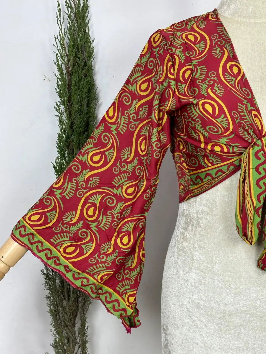 Bohemian Hippie Long Bell Sleeve Wrap Top with Front Tie, Colorful Paisley and Flower Pattern, Festival Boho Fairy Goddess, Summer Going Out | Red Green Paisley