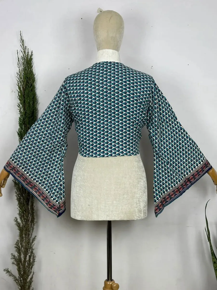 Bohemian Hippie Long Bell Sleeve Wrap Top with Front Tie, Colorful Paisley and Flower Pattern, Festival Boho Fairy Goddess, Summer Going Out | White Blue Motifs