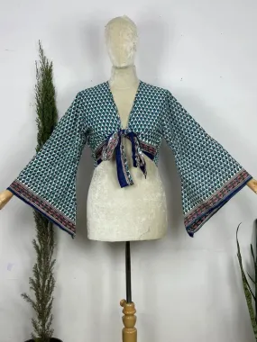 Bohemian Hippie Long Bell Sleeve Wrap Top with Front Tie, Colorful Paisley and Flower Pattern, Festival Boho Fairy Goddess, Summer Going Out | White Blue Motifs