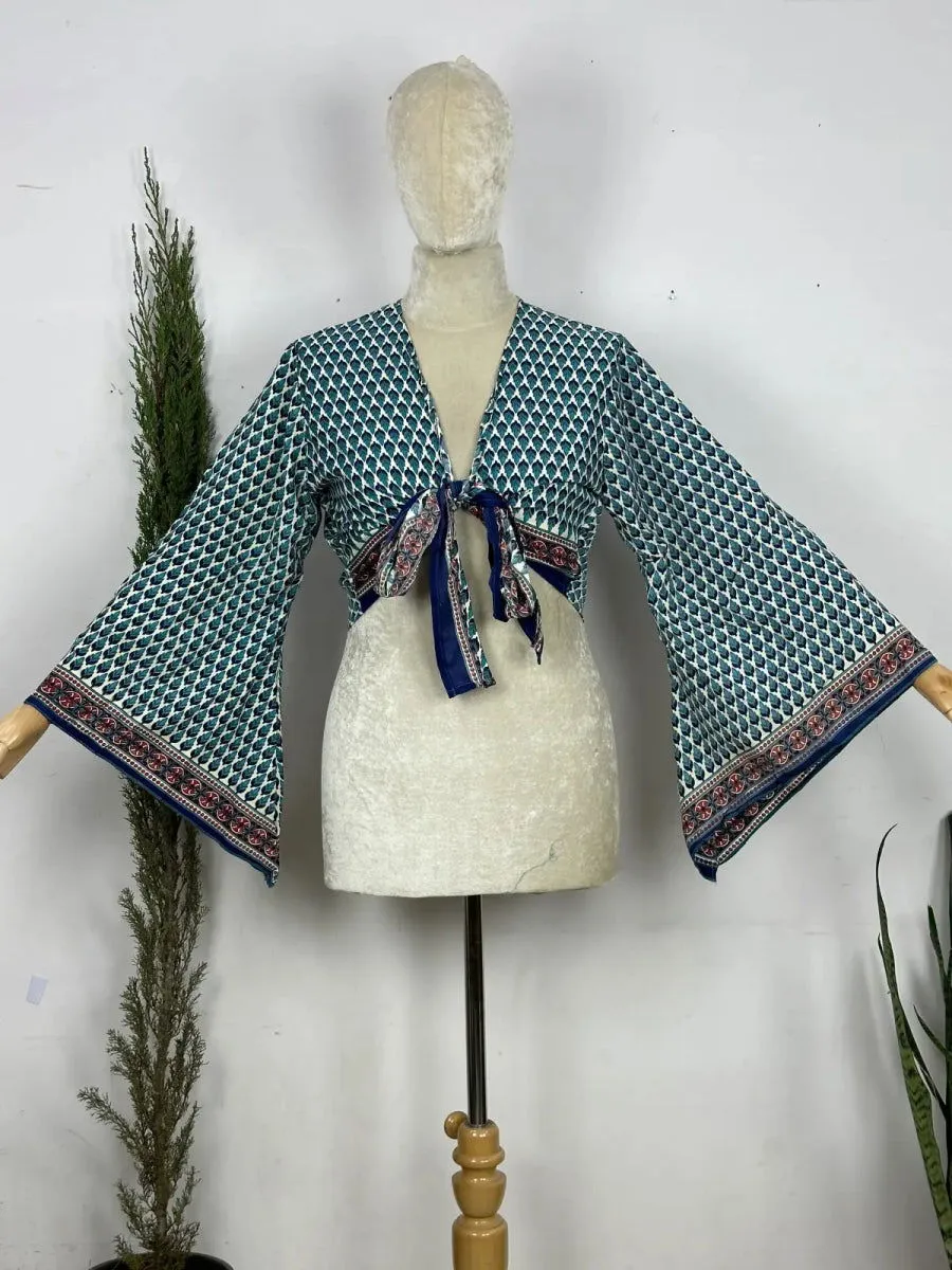 Bohemian Hippie Long Bell Sleeve Wrap Top with Front Tie, Colorful Paisley and Flower Pattern, Festival Boho Fairy Goddess, Summer Going Out | White Blue Motifs