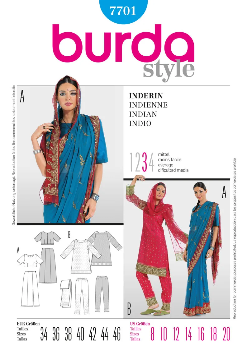 Burda 7701 Womens' Traditional Sari Pattern