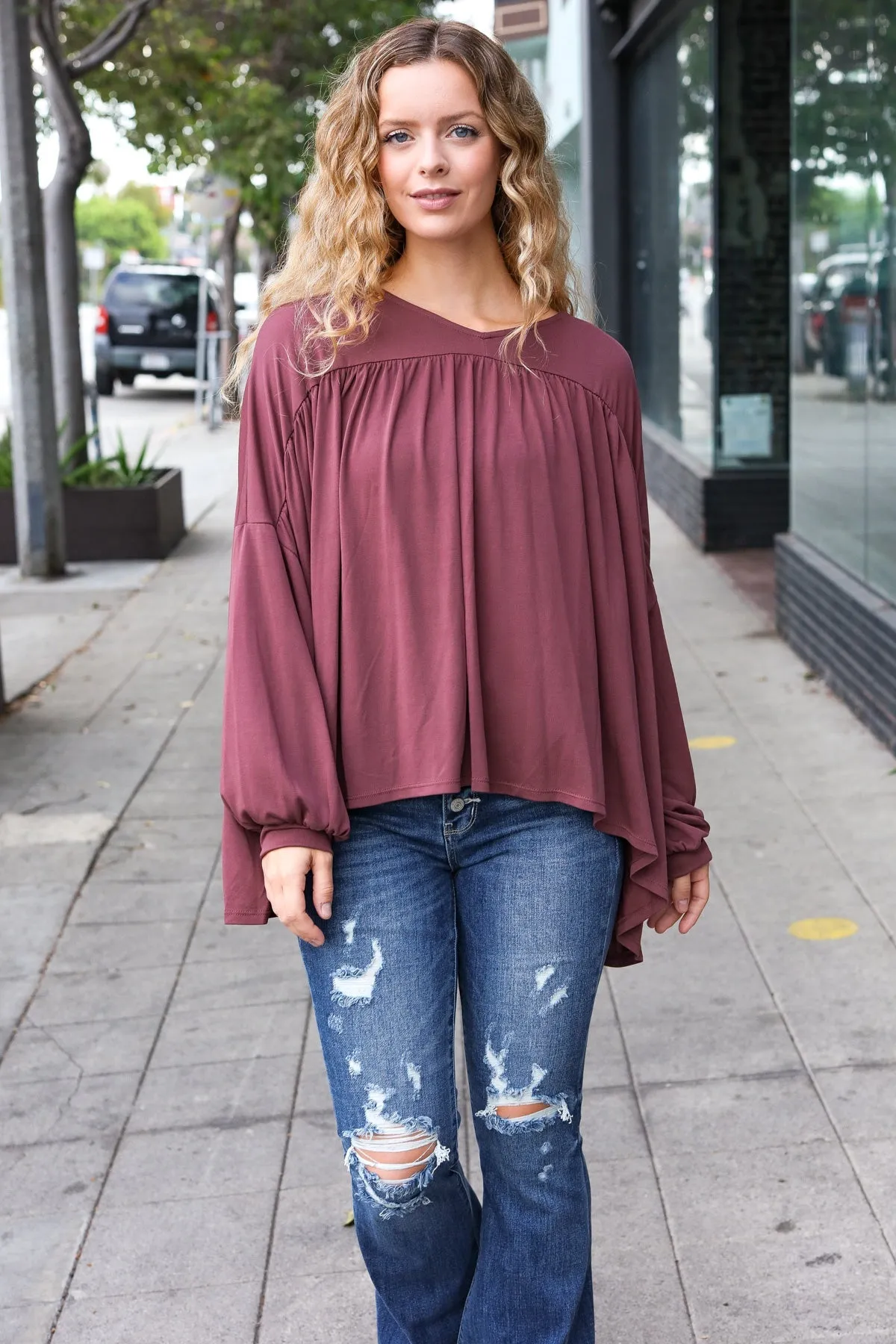 Casual Chic V Neck Yoke Modal Knit Oversized Top in Wine