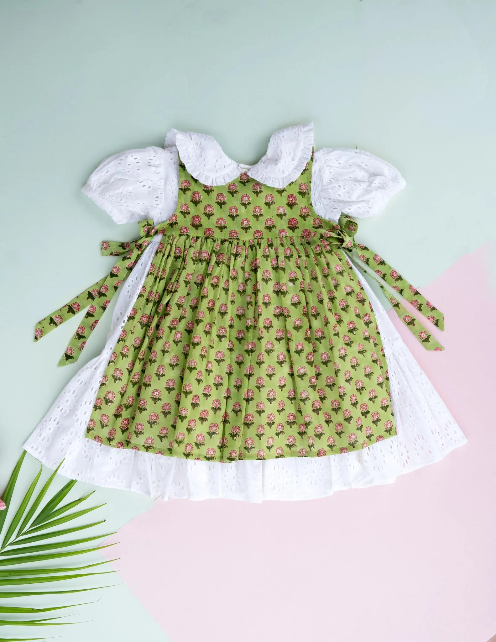 Classic White Hakoba Lace Dress with Handblocked Apron