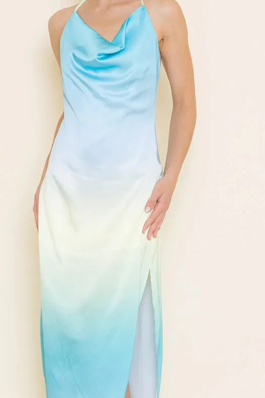 Cowl Halter Neck Ombre Slip Side Split Ankle DRESS
