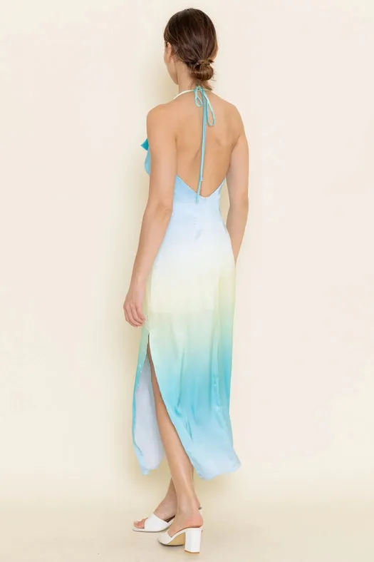 Cowl Halter Neck Ombre Slip Side Split Ankle DRESS