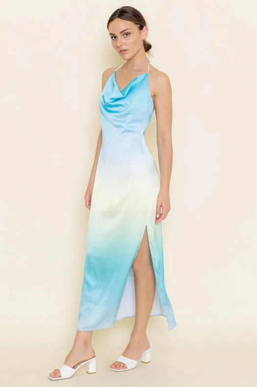 Cowl Halter Neck Ombre Slip Side Split Ankle DRESS