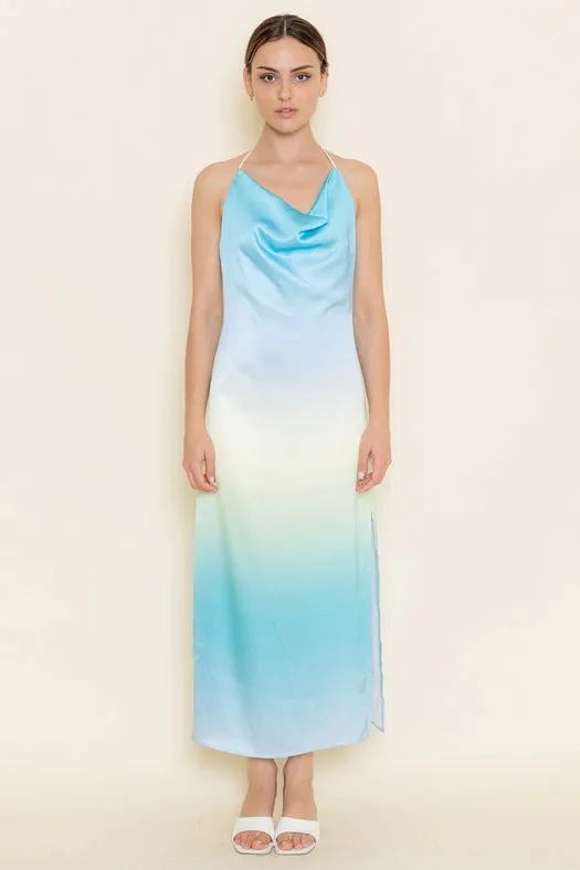 Cowl Halter Neck Ombre Slip Side Split Ankle DRESS