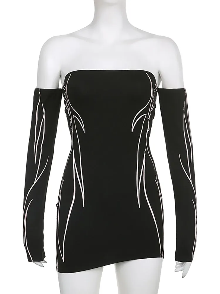 Cyber Gothic Techwear Print Y2k Party Dress Punk Off Shoulder Sexy Biker Mini Dress For Women Full Sleeve Streetwear
