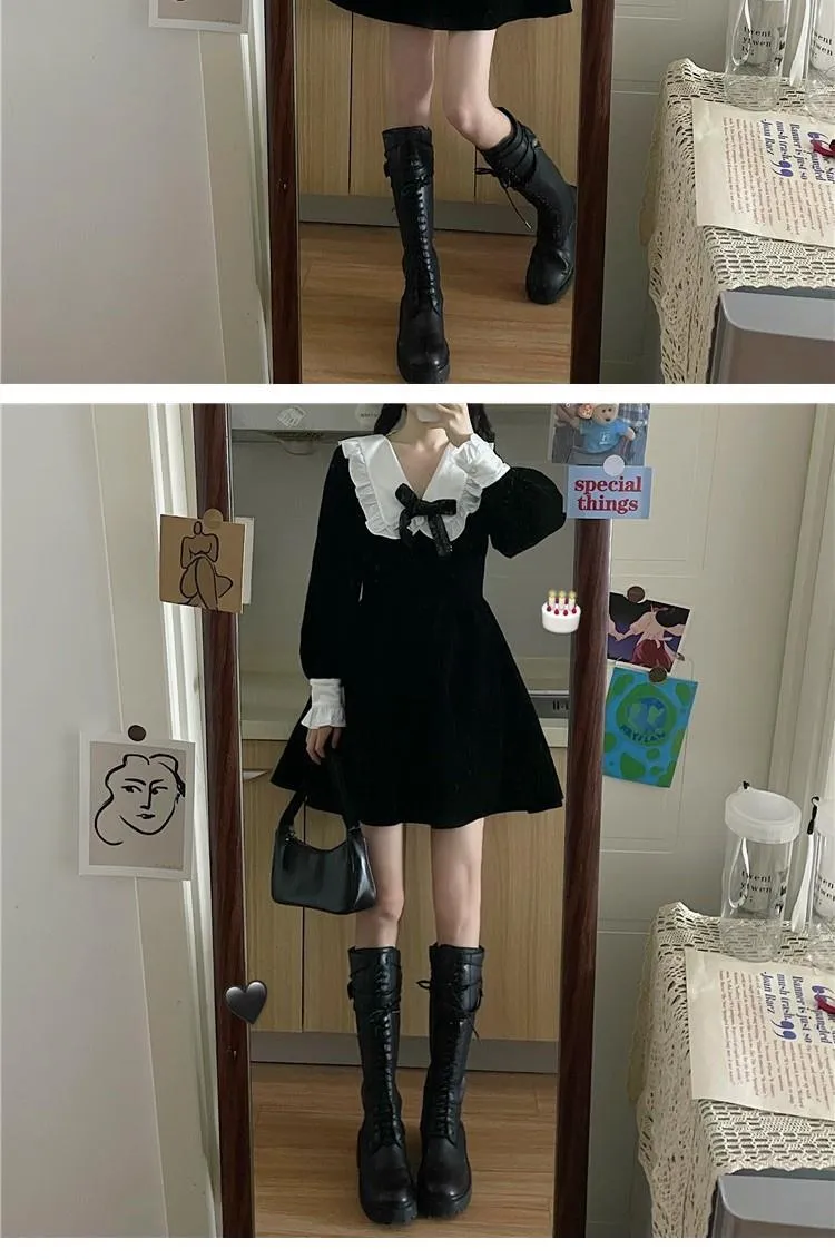 deanwangkt Kawaii Bow Dress Women Japanese Preppy Style Long Sleeve Mini Dresses Black Goth Vintage Lolita Outfits Sweet Streetwear