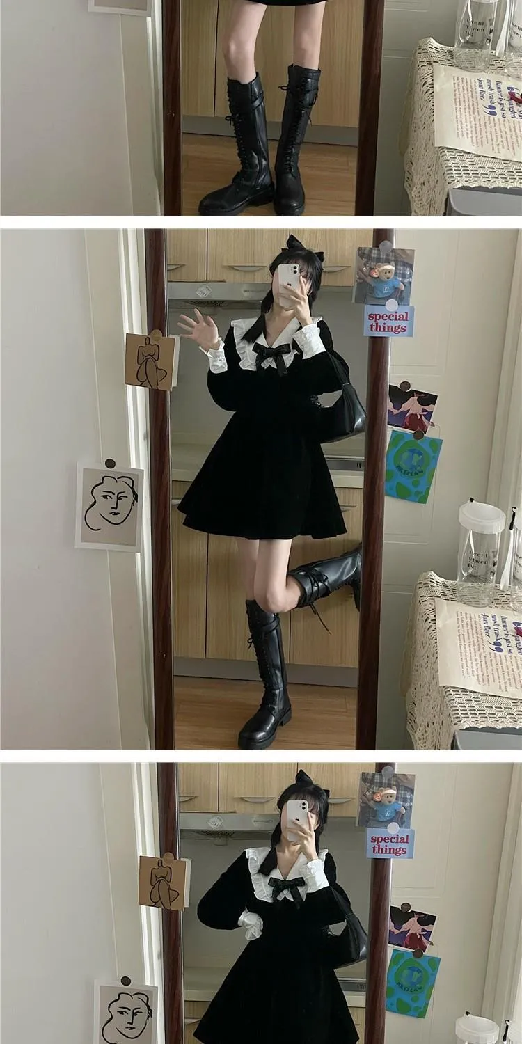deanwangkt Kawaii Bow Dress Women Japanese Preppy Style Long Sleeve Mini Dresses Black Goth Vintage Lolita Outfits Sweet Streetwear