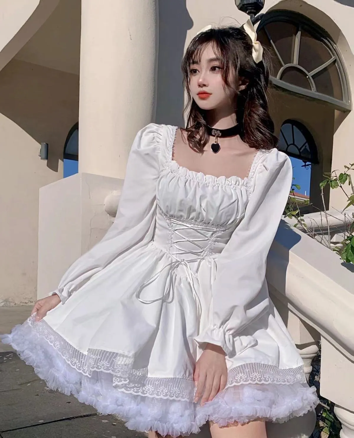 deanwangkt White Lolita Dress Kawaii Vinatge Long Sleeve Mini Dresses Black Gothic Bandage Lace Patchwork Streetwear Square Collar