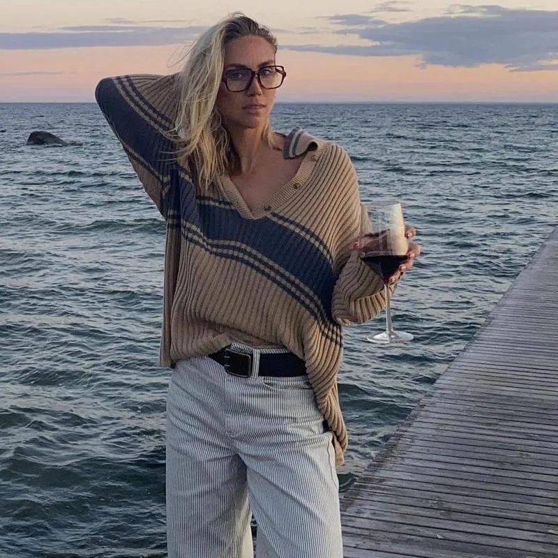 Fashionkova casual fall outfits 2024 Autumn and Winter New Sweater Women's Long-Sleeved Striped Contrast Color Fashion All-Match Sweater Top for Women