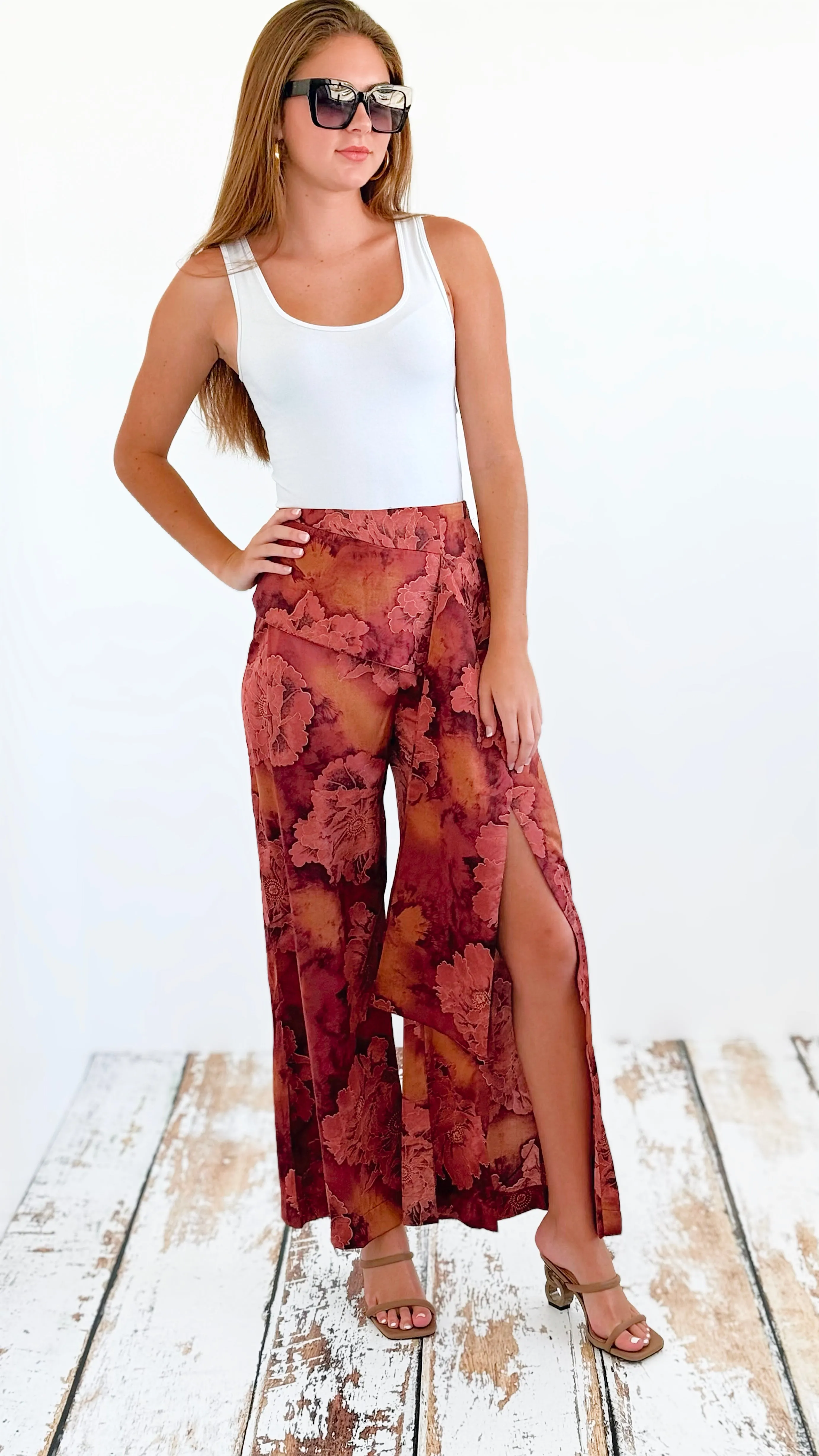 Flower High Waisted Side Slit Pants - Brick