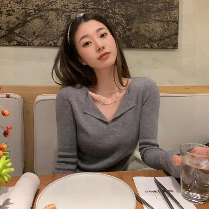 Flytonn-women fall outfits high street ins style  fall outfits women Korean Style Polo Collar Sweater Women's New Design Double Collar Chic Early Autumn Chic Top Bottoming Shirt
