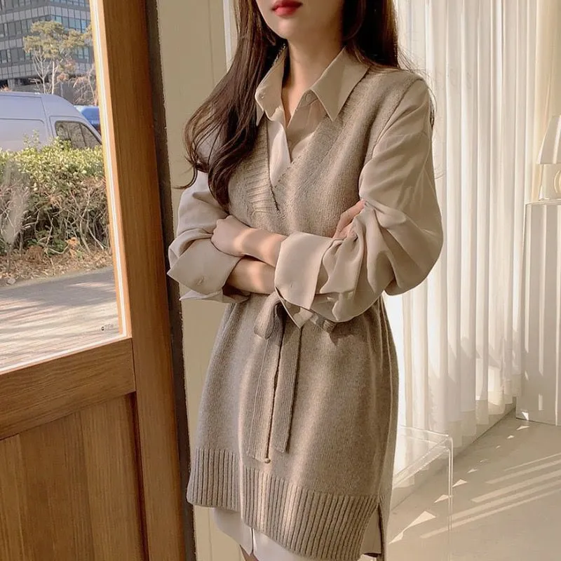 Flytonnshop fall outfits women Spring and Autumn Vintage Knitted Vest Sweater Polo Shirt Dress Women's Waist-Tight Temperament Two-Piece Set Suit