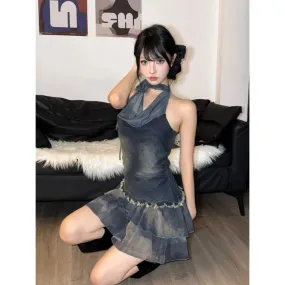 Girlary 2000s Vintage Y2k Party Dress Women 2024 Summer Casual Sexy Lace Patchwork Short Dress American Retro Streetwear Clothing