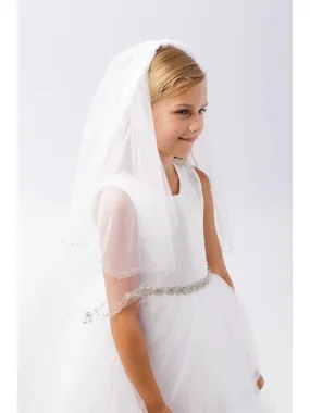 Girls White Floral Beading Double Layer Stylish Communion Flower Girl Veil