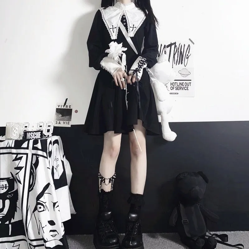 Gothic Black Lace Patchwork Dress