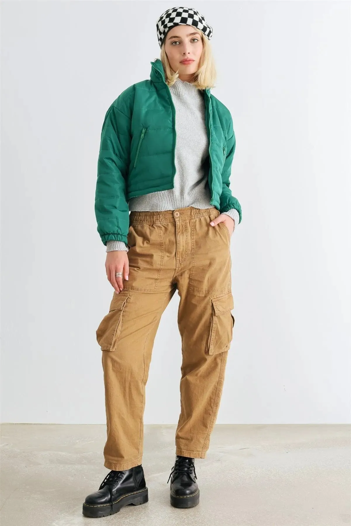 Green Puffer Zip-Up Two Pocket Cropped Jacket /1-2-2-1