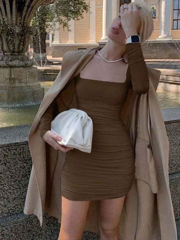Julia Fashion - Ruched Solid Long Sleeve Bodycon Sexy Party Streetwear Mini Dress