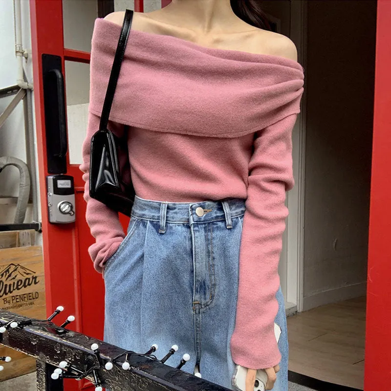 Lanfubeisi trending fall outfits Milk Soft Blue off-Shoulder Sweater Women's Autumn and Winter off-Shoulder Large Lapel Bottoming Shirt Slim Slimming Long Sleeve Sweater