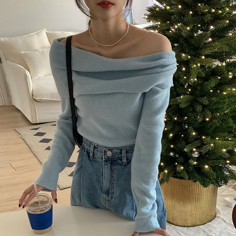 Lanfubeisi trending fall outfits Milk Soft Blue off-Shoulder Sweater Women's Autumn and Winter off-Shoulder Large Lapel Bottoming Shirt Slim Slimming Long Sleeve Sweater