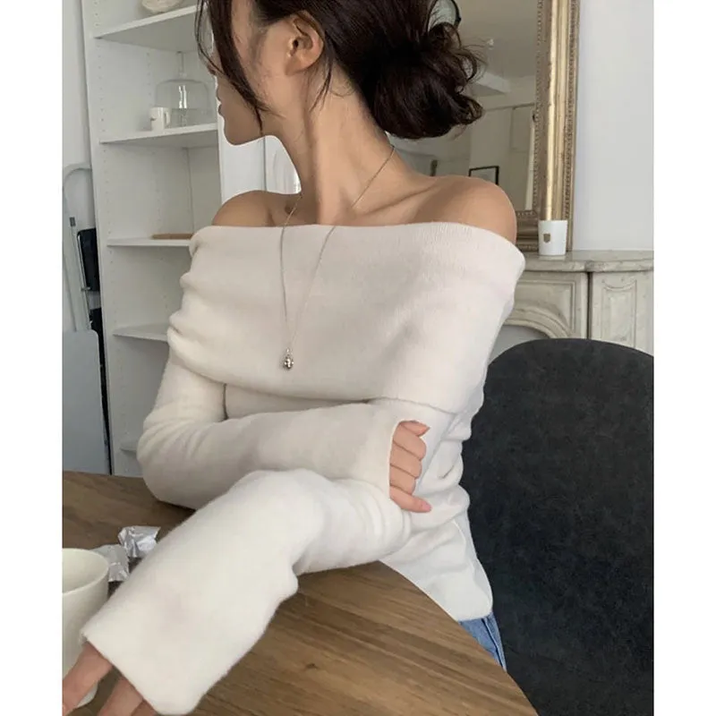 Lanfubeisi trending fall outfits Milk Soft Blue off-Shoulder Sweater Women's Autumn and Winter off-Shoulder Large Lapel Bottoming Shirt Slim Slimming Long Sleeve Sweater