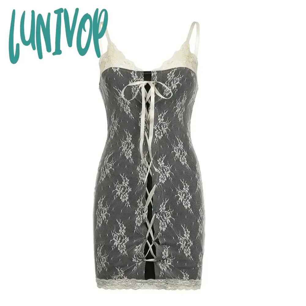 Lunivop 2024 Alt Emo Sexy Lace Dress Women Streetwear Spaghetti Strap Bandage Corset Dress Fairycore Y2k Goth Bodycon Coquette Dress