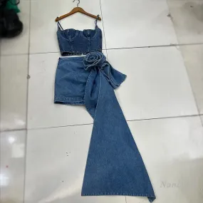 LVSANW 2024 Summer Denimwear Skirts Sets 2 Piece Set New Fashion Cool Street Camisole   Three-Dimensional Flower Ribbon Denim Skirt Ins