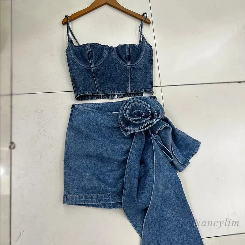 LVSANW 2024 Summer Denimwear Skirts Sets 2 Piece Set New Fashion Cool Street Camisole   Three-Dimensional Flower Ribbon Denim Skirt Ins