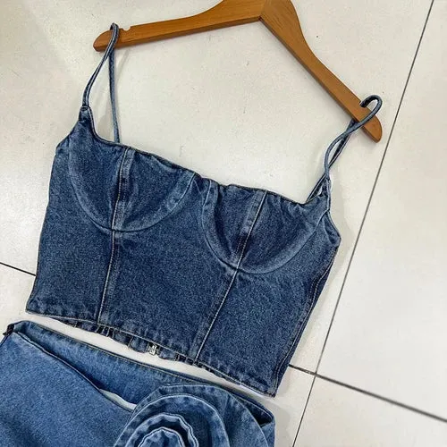 LVSANW 2024 Summer Denimwear Skirts Sets 2 Piece Set New Fashion Cool Street Camisole   Three-Dimensional Flower Ribbon Denim Skirt Ins