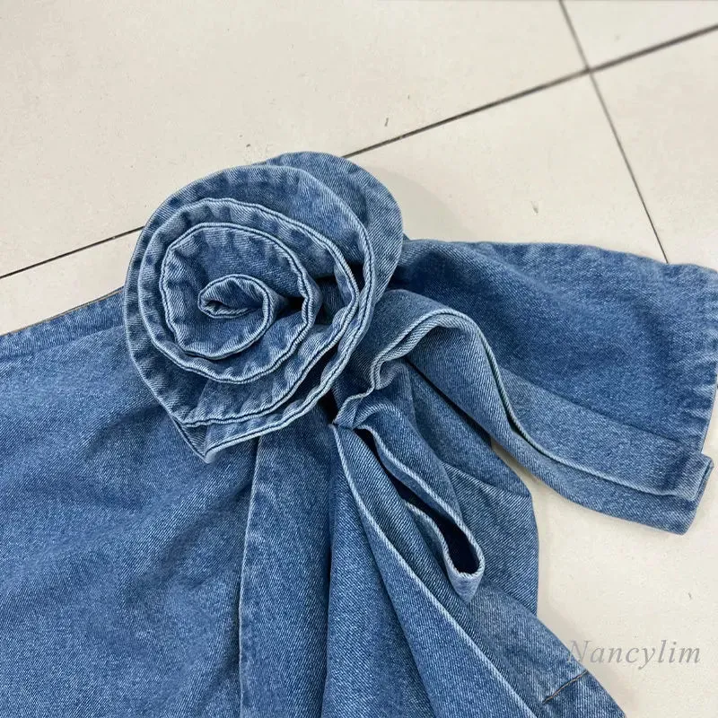 LVSANW 2024 Summer Denimwear Skirts Sets 2 Piece Set New Fashion Cool Street Camisole   Three-Dimensional Flower Ribbon Denim Skirt Ins