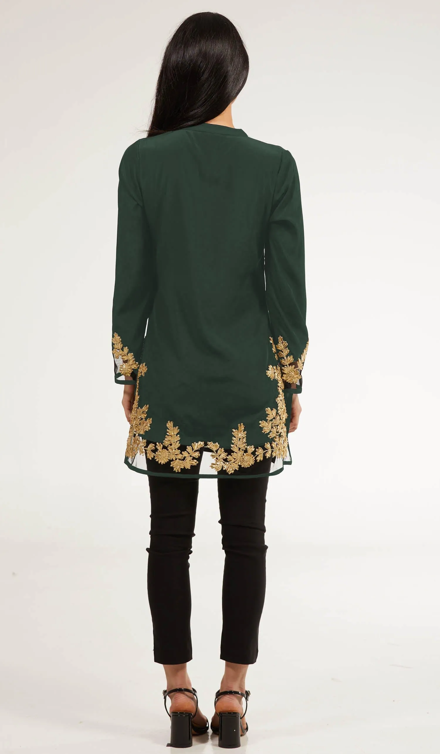 Mahnaz Gold Embellished Long Modest Tunic - Emerald - PREORDER (ships in 2 weeks)