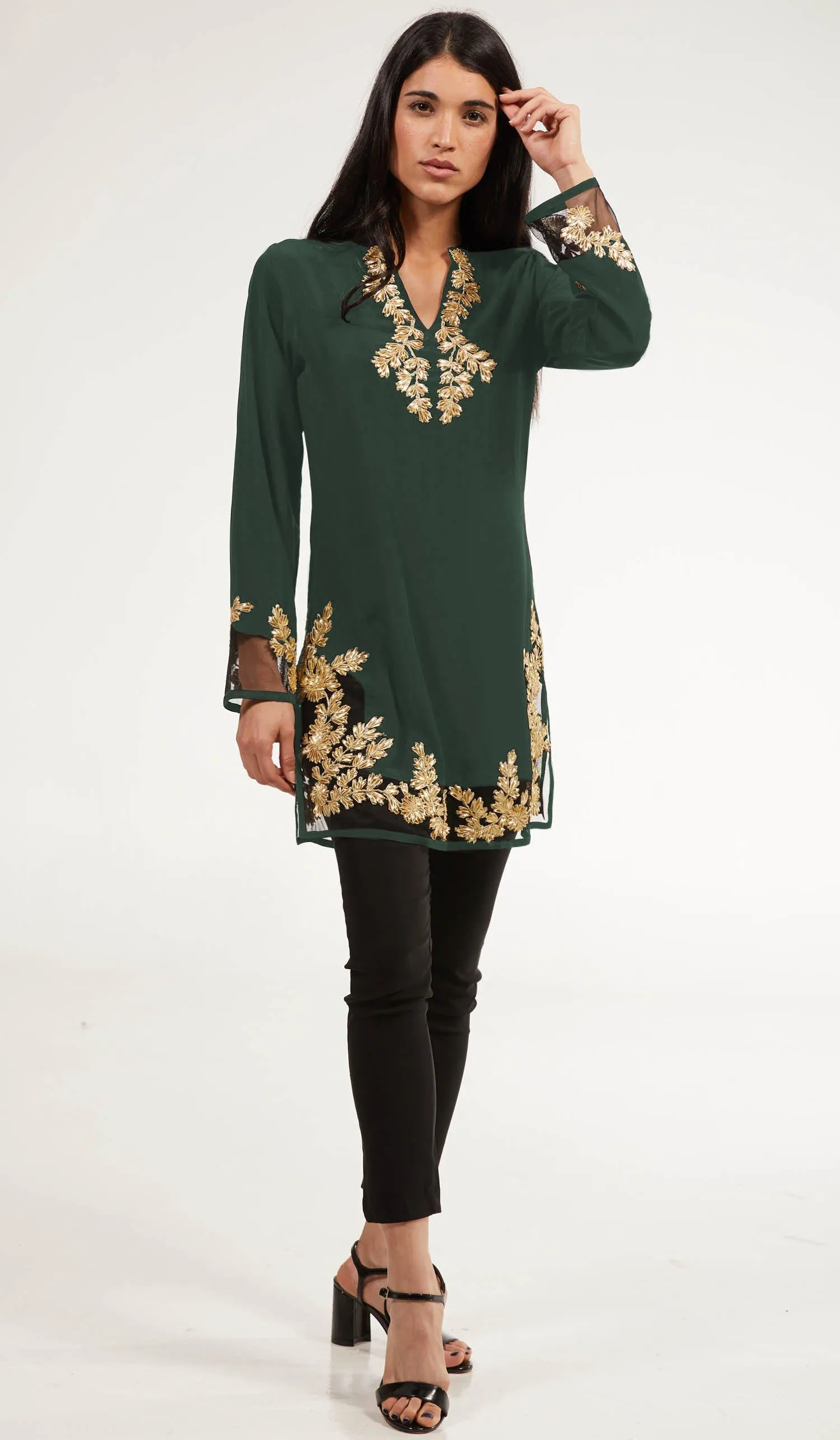 Mahnaz Gold Embellished Long Modest Tunic - Emerald - PREORDER (ships in 2 weeks)